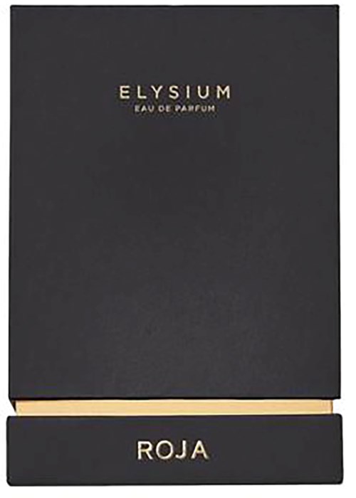Schwarze Schachtel mit goldener Beschriftung 'ELYSIUM EAU DE PARFUM'. Darunter eine passende schwarze Marke mit goldener Aufschrift 'ROJA'.