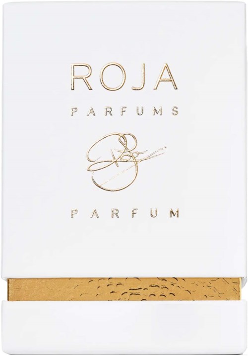 En hvit eske med gulltekst som sier 'Roja Parfums' og et gullbånd nederst. Elegant og luksuriøs design.