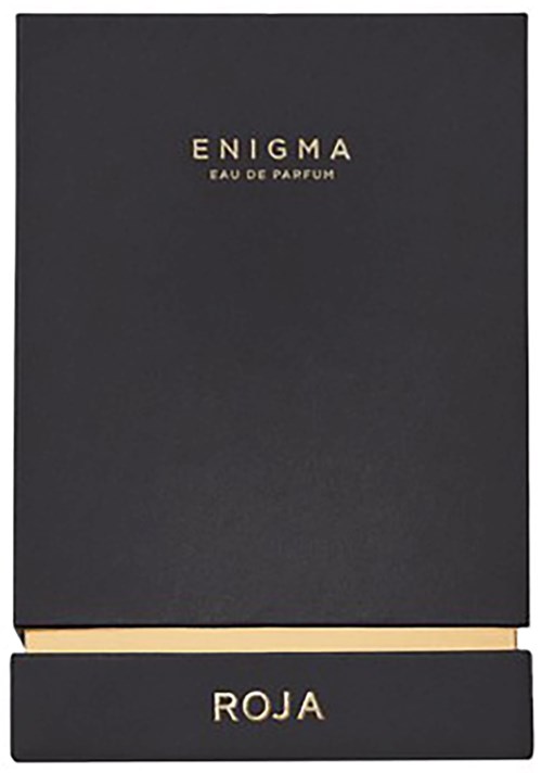 Svart låda med gul text som säger "ENIGMA EAUV DE PARFUM" och en etikett med "ROJA" längst ner.