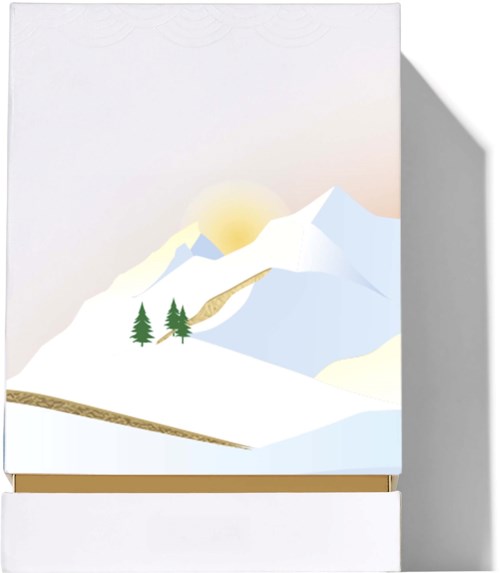 Minimalist illustration of snow-covered mountains, trees, and a rising or setting sun. Light colors and soft shadows.