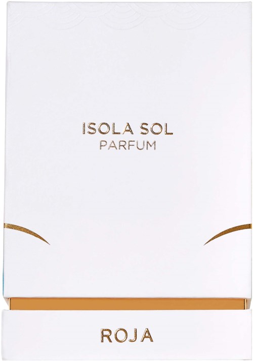 Een witte doos met gouden tekst: 'Isola Sol Parfum' en 'Roja', met decoratieve gouden krommen aan de zijkanten.