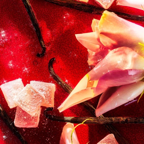 Rosa og hvite godbiter med lilla blomster på en rød bakgrunn, dekorert med mørke vaniljestenger.