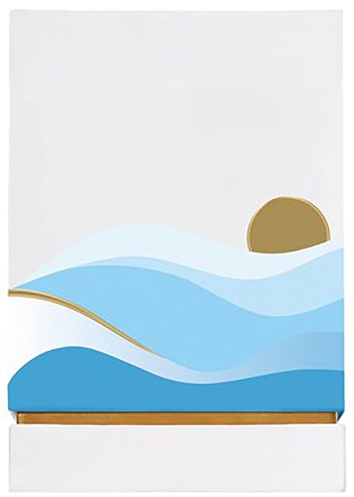 Decoratief wandkunstwerk met blauwe, witte en gouden golven en een halve cirkel rechtsboven.