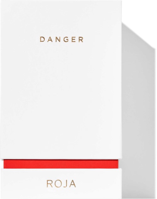 En vit låda med orden "DANGER" och "ROJA" i guld och en röd rem mellan dem.
