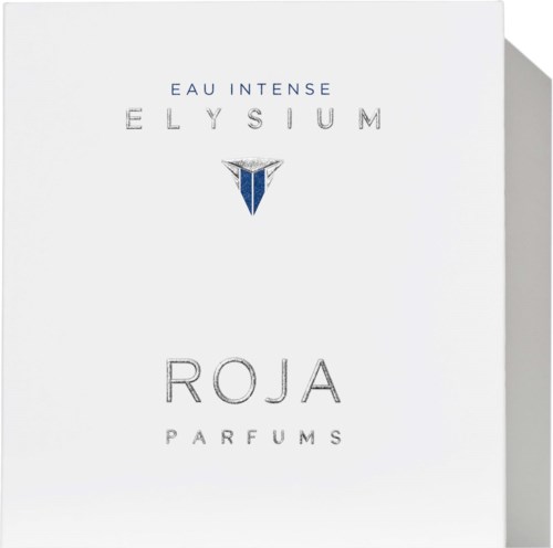 Enkelt vitt paket med blå och silverfärgad text, visar varumärke och parfymnamn, EAU INTENSE ELYSIUM ROJA PARFUMS.