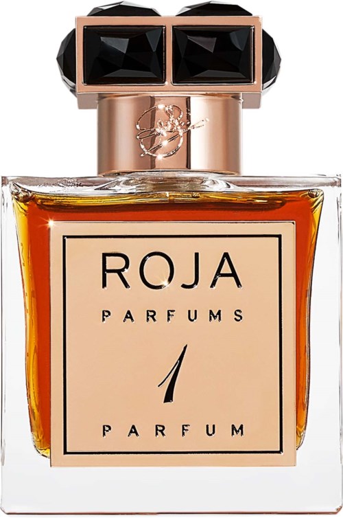 A perfume bottle with a rectangular glass body, labels, and a decorative black and pink cap.