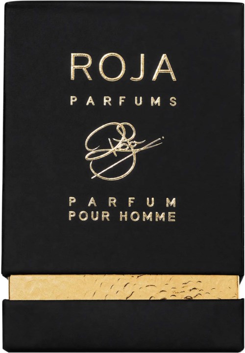 Een zwarte doos met gouden tekst en logo voor Roja Parfums, geeft aan dat het een herengeur is.