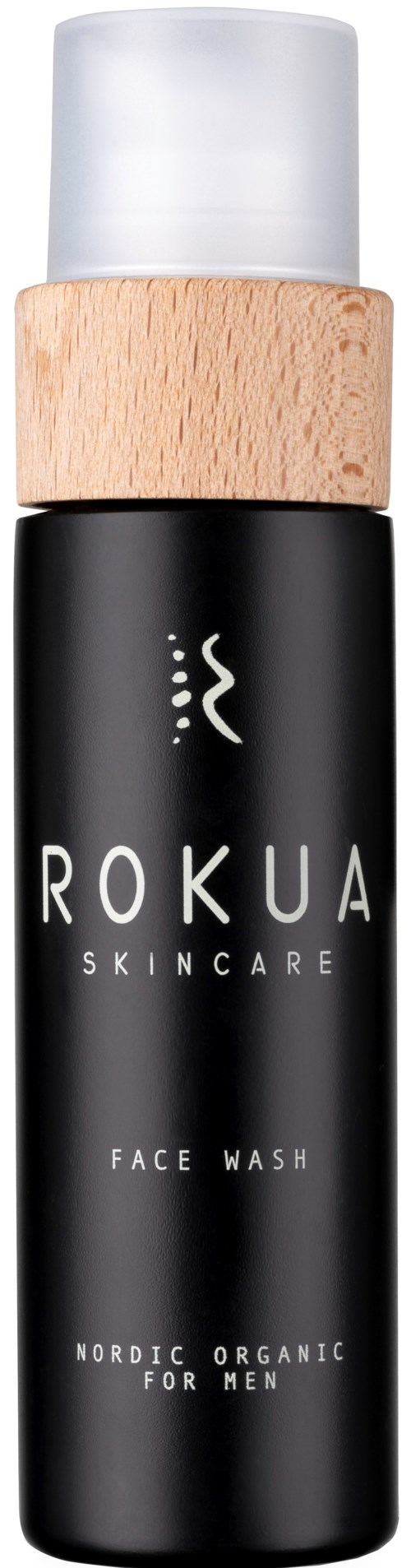 En sort flaske med træprop, mærket 'Rokua Skincare Face Wash' til mænd, nordisk økologisk, minimalistisk design.