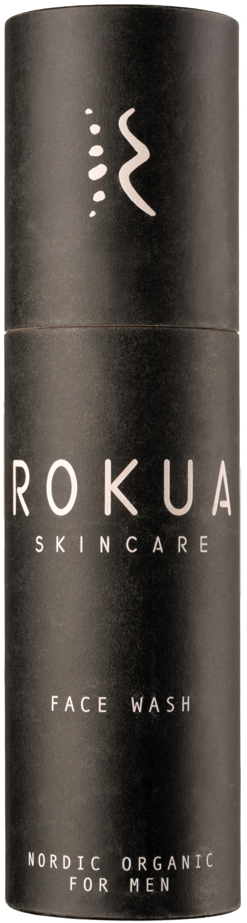 En sort cylindrisk flaske med teksten 'ROKUAI SKINCARE FACE WASH' og 'NORDIC ORGANIC FOR MEN'.