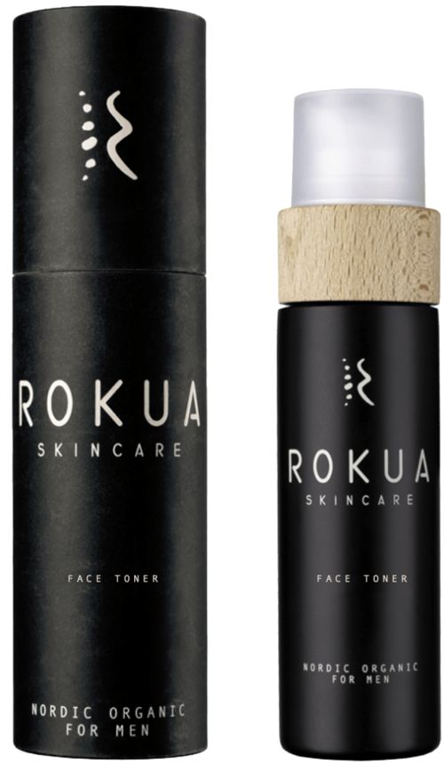 En svart sylindrisk beholder og en tilsvarende liten flaske med hvit kork, merket ROKUA SKINCARE, Nordic Organic Face Toner.