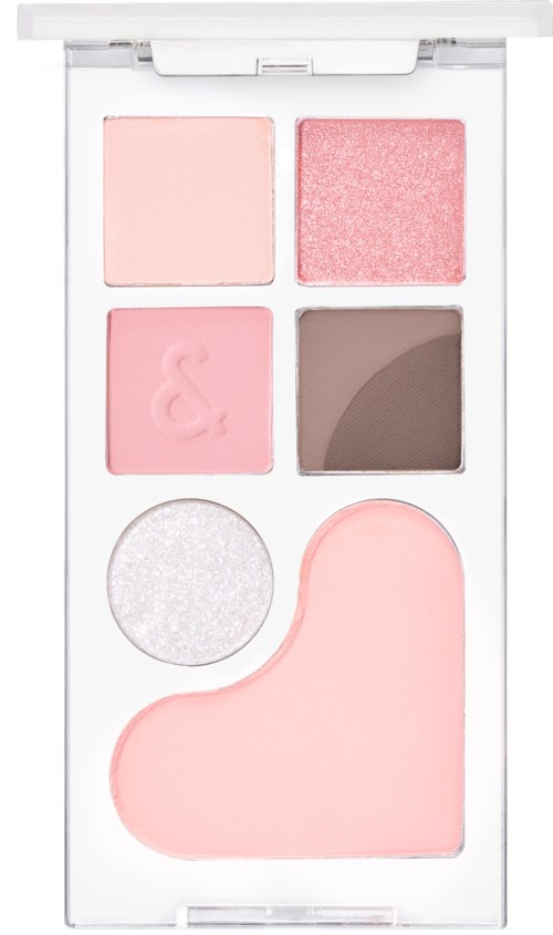En makeup-palettes med pink, glitter, brune nuancer, en hjerteformet og en rund skimmer øjenskygge.