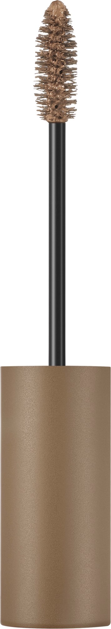 En mascara-børste med brunt børste og sort håndtag, med en beige beholder nederst.