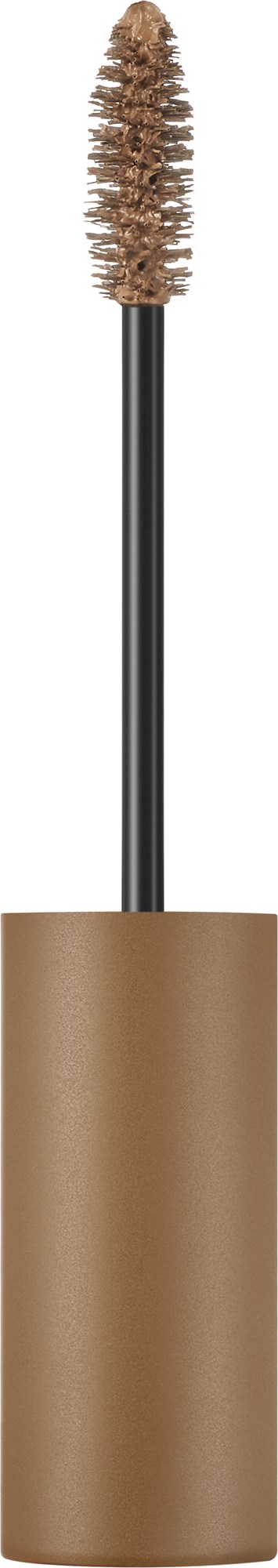 A mascara brush with a brown handle and brown bristles, designed to apply mascara to eyelashes.