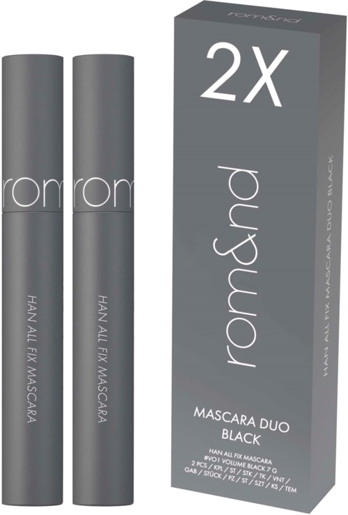 Twee zwarte mascara-verpakkingen en een doos met "2X" en "Mascara Duo Black" erop. Ze zijn producten voor wimpers.
