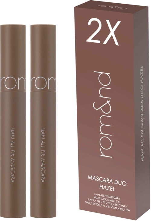 Twee bruine tubes en een doos met 'Ronrun' en 'Mascara Duo Hazel' erop.