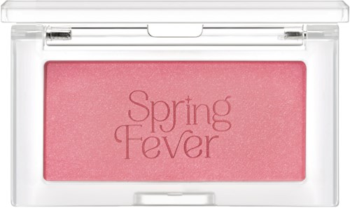En rosa blush med orden "Spring Fever" i ett klart plastfodral.