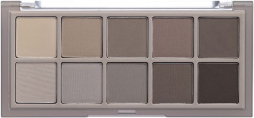 Neutraali luomiväripalette, jossa on kymmenen sävyä vaaleasta kermaisesta tummanruskeaan. Paletti on läpinäkyvällä kannella.