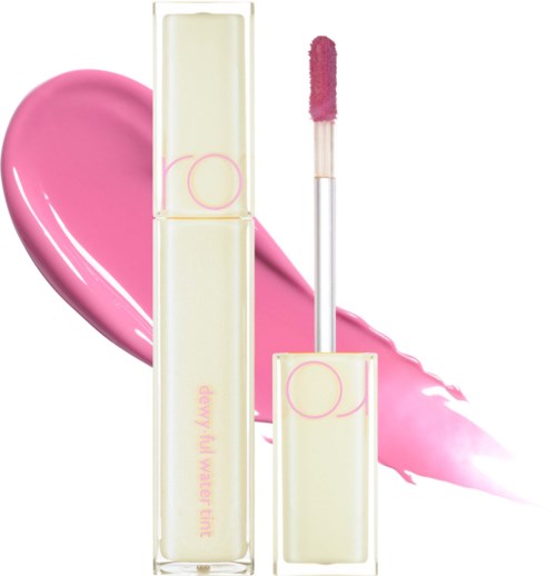 Een lipglossverpakking met roze glans en een roze streep op de achtergrond.
