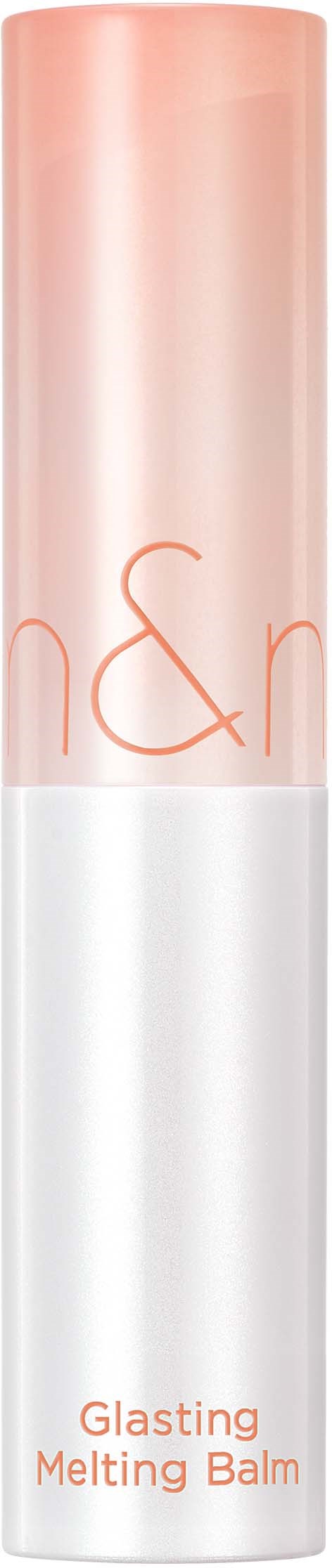 En lang, sylindrisk beholder med lys rosa topp og hvit bunn, merket 'Glasting Melting Balm' med logo.