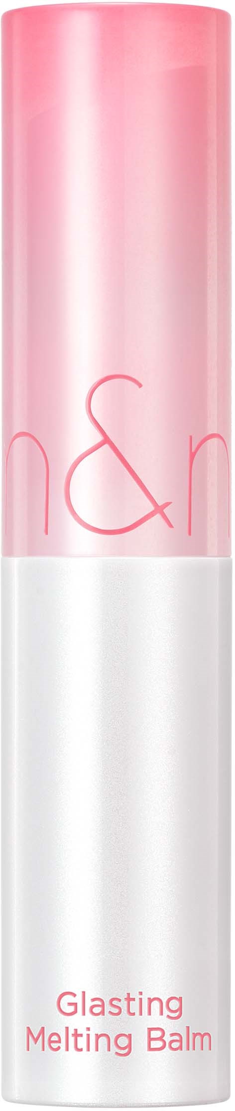En høy, rosa og hvit tube merket 'Glasting Melting Balm' på svart bakgrunn.