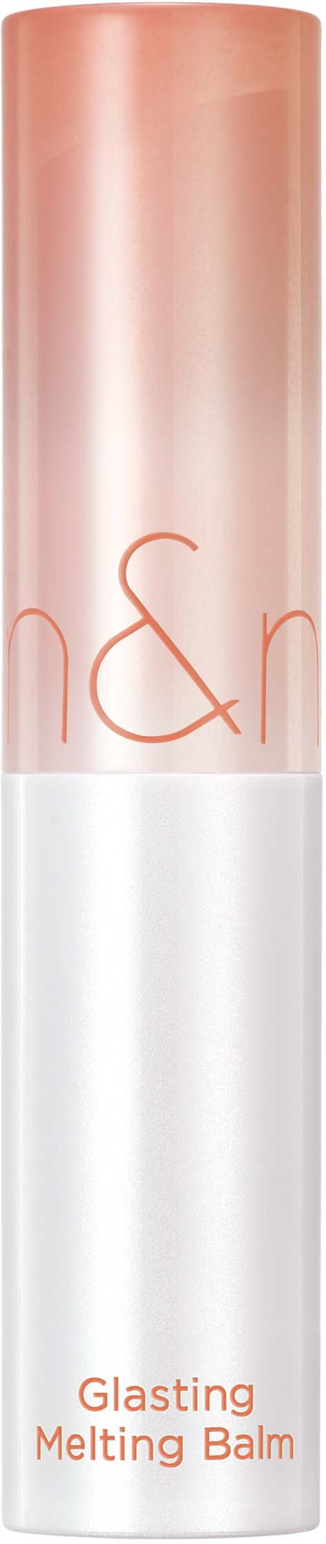 En lang, sylinderformet tube med en gradient fra rosa til hvit, merket "Glasting Melting Balm" nederst.
