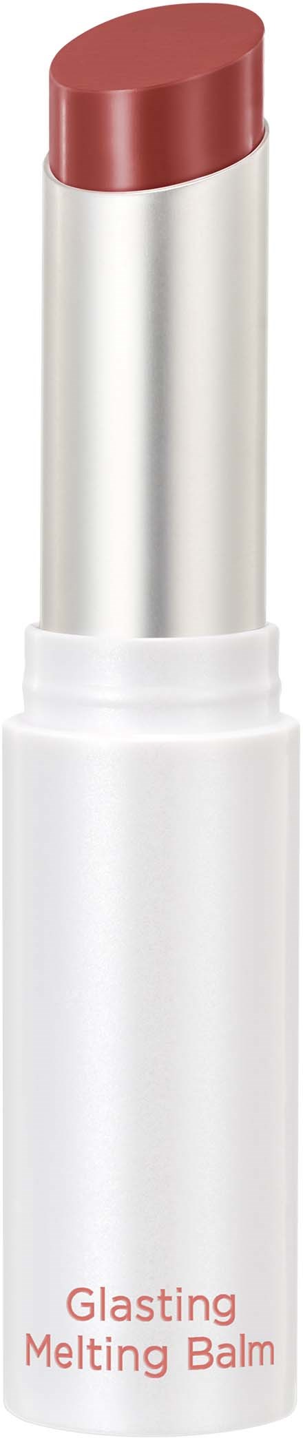 En hvit tube med et brunt leppecerem inni, merket 'Glasting Melting Balm'.