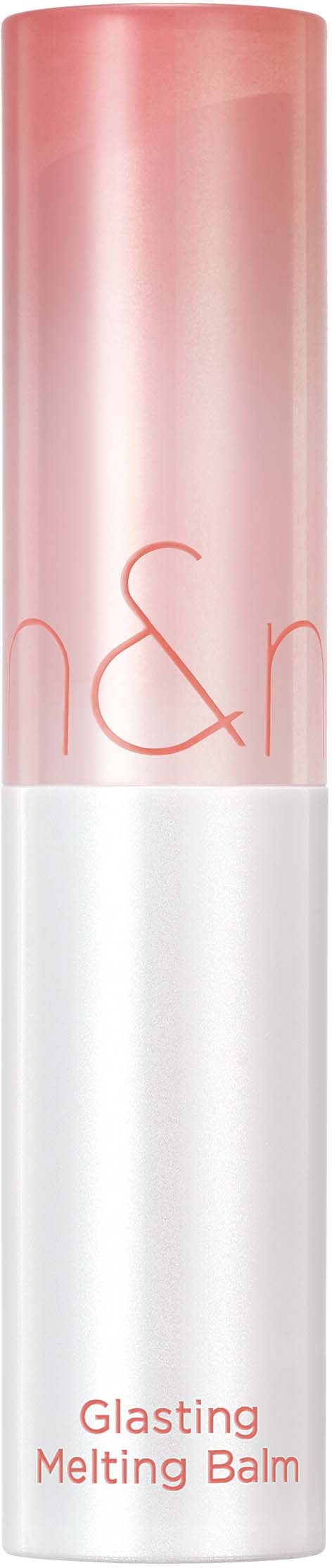En sylinderformet beholder med rosa og hvitt, merket 'Glistening Melting Balm'.