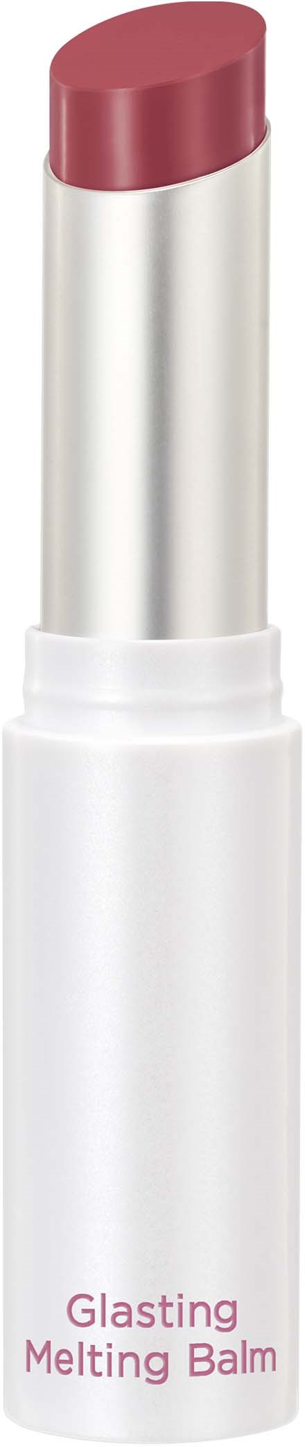 Et lip balm-implant med rosa farge. Hvit tube med rosa tekst som sier "Glasting Melting Balm".