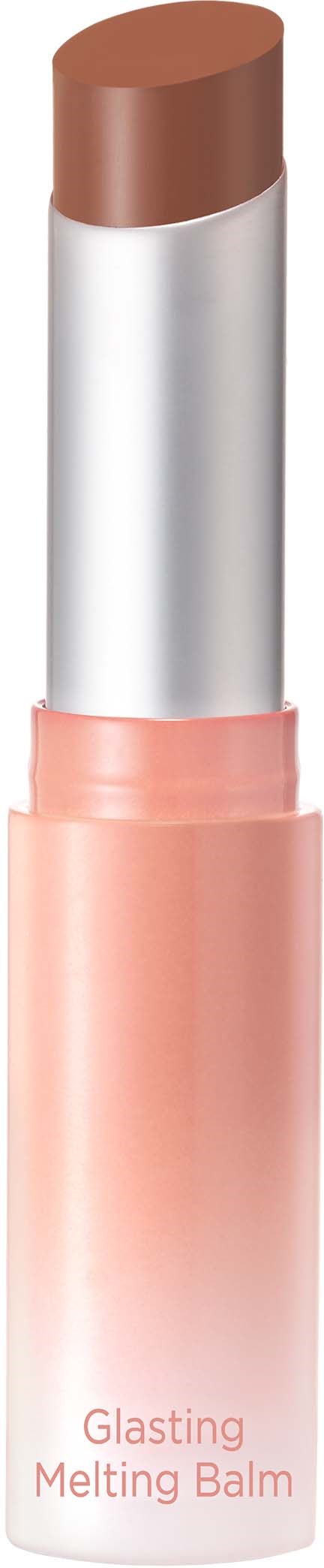 En pinneformet balm med lys rosa base og brun topp, merket 'Glasting Melting Balm'.