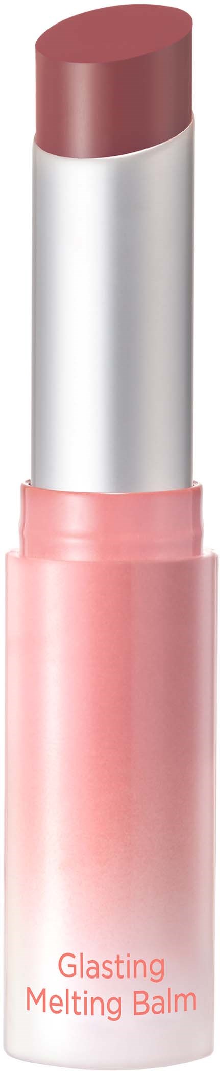 Leppepomade i rosa og sølvrør, merket 'Glasting Melting Balm.'