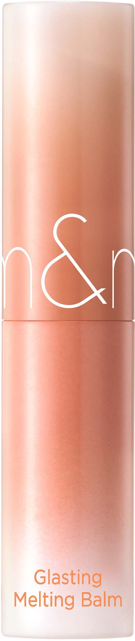 En lång, cylindrisk tub med gradientfärger från rosa till persikor, märkt 'Glasting Melting Balm' och 'h&n'.