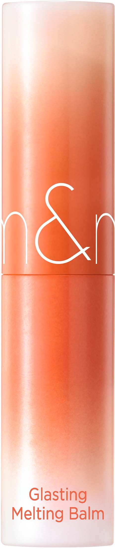 En sylinderformet beholder med skinnende, ferskenfarget lokk og hvit kropp, merket 'Glistening Melting Balm'.