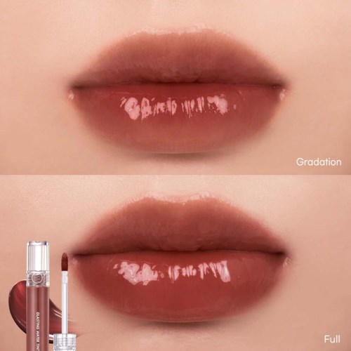 Twee foto's van lippen die de overgang laten zien van onbedekkede lippen naar volle, glanzende lippen met make-up product.