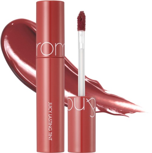 Lip gloss tube with a red shade and a lip-shaped gloss smear behind it.