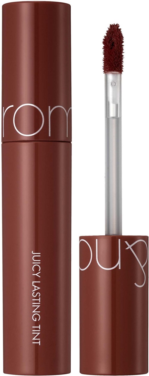 A brown lipstick tube with a wand showing red lipstick inside.