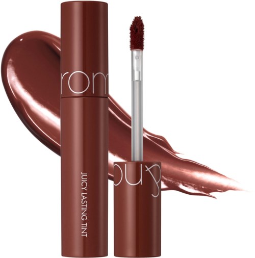 Lip gloss tube with a doe-foot applicator and a swatch of reddish-brown lipstick.