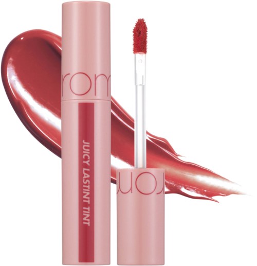 Lip gloss tube with a pink cap, showing a red lip gloss applicator, in front of red lipstick smear.
