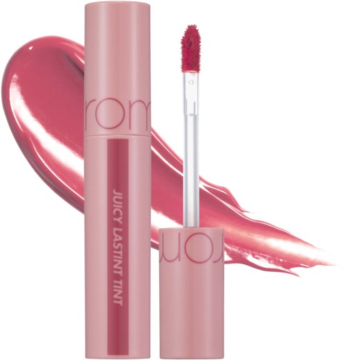 Pink lip gloss tube with a sponge applicator and a heart-shaped lipstick smear.