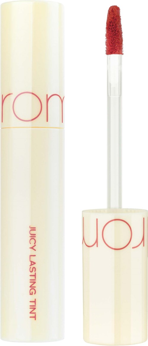 Lip gloss with a white tube, red lettering, and a soft red applicator. It is a Juicy Lasting Tint.