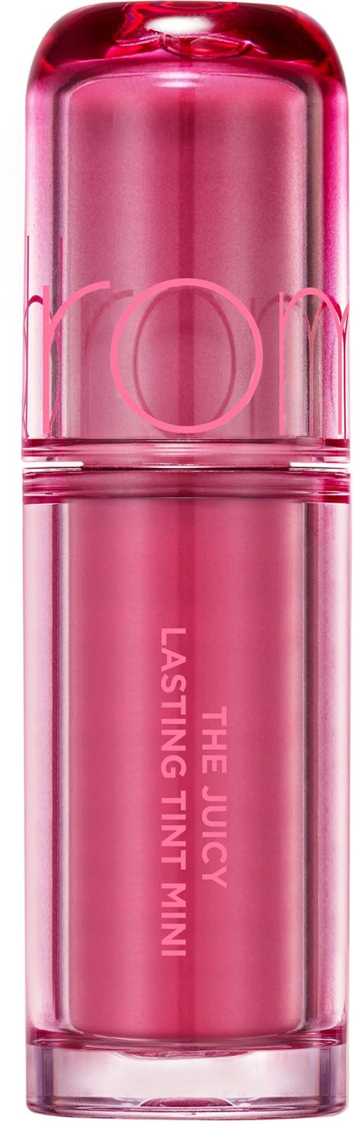 Roze lippenstiftverpakking met tekst 'The Juicy Lasting Tint Mini'.