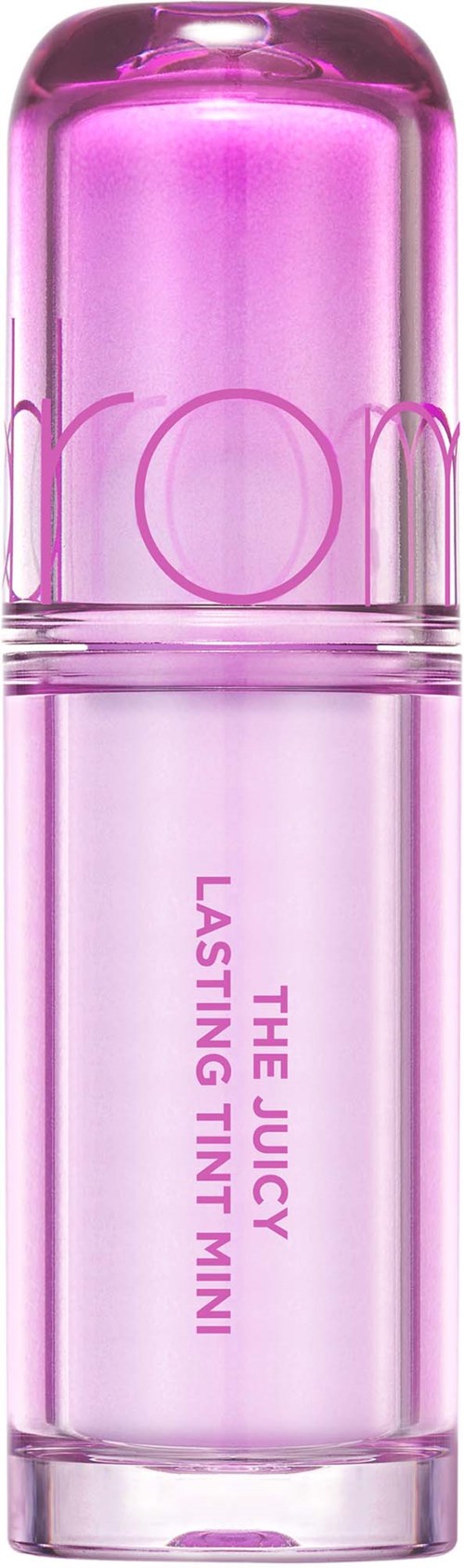 Valkoinen, läpikuultava huultenkiiltoputeli, jossa lukee "The Juicy Lasting Tint Mini". Siinä on kiiltävä kansi ja sileä muoto.