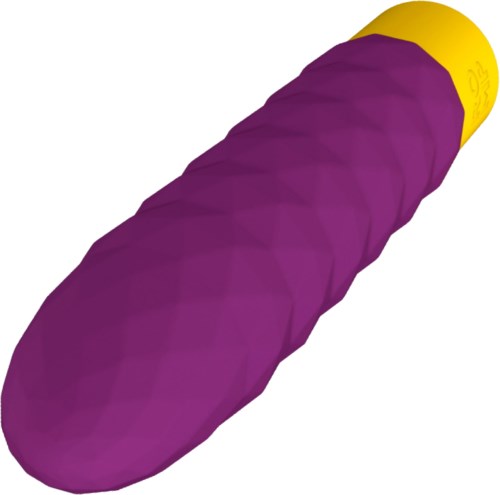 Een paarse getextureerde voorwerp met geel uiteinde, lijkt op een zacht speelgoed of decoratief stuk.