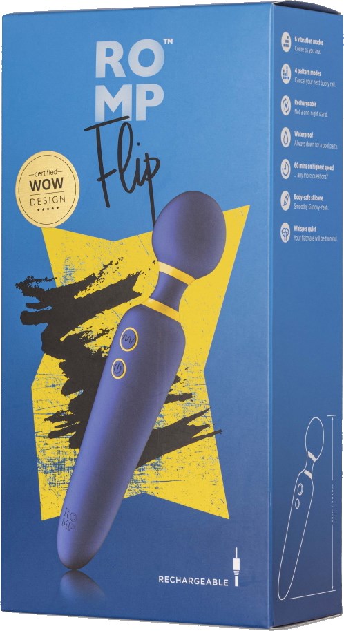 A blue box with a product called 'Romp To Flip', a rechargeable device, and a yellow star background design.