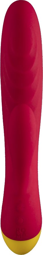 Een rood en geel voorwerp met een afgeronde top, lang en glad, mogelijk een speelgoed of keukengerei.