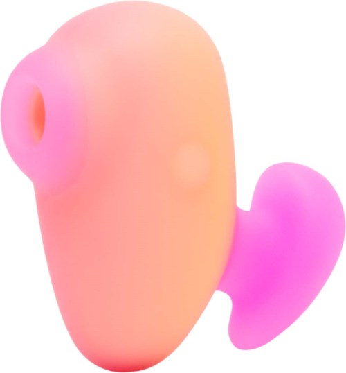 Een roze en oranje speelgoed dat op een oor en een kleine aanhang lijkt, met een simpel, glad ontwerp.