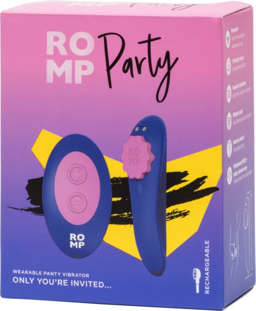 Roze en paarse doos met een draagbare stringvibrator genaamd ROMP Party, met afstandsbediening en tekst over oplaadbaarheid.