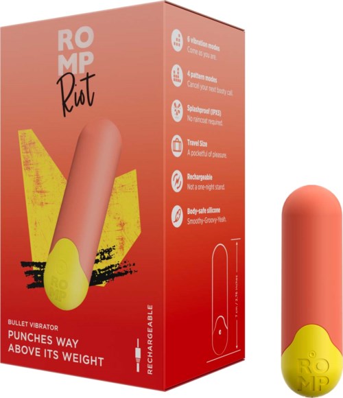 Een roze vibrator in capsulevorm met gele onderkant, zwarte strepen en tekst, met voordelen op de doos.