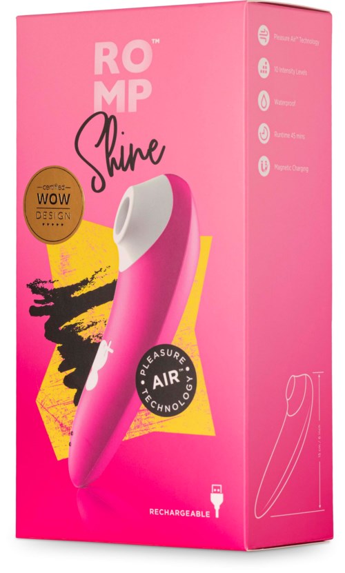 Pink and white personal care device with black and yellow accents, labeled as rechargeable and using air technology.