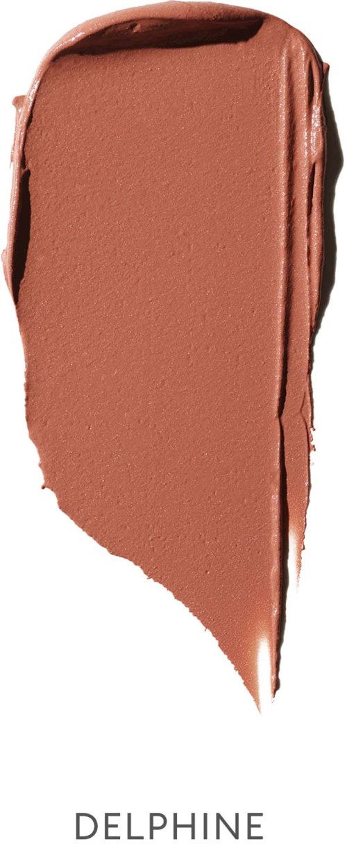 Ein Farbklecks von braunem Make-up oder Kosmetikprodukt mit dem Namen 'Delphine' darunter.