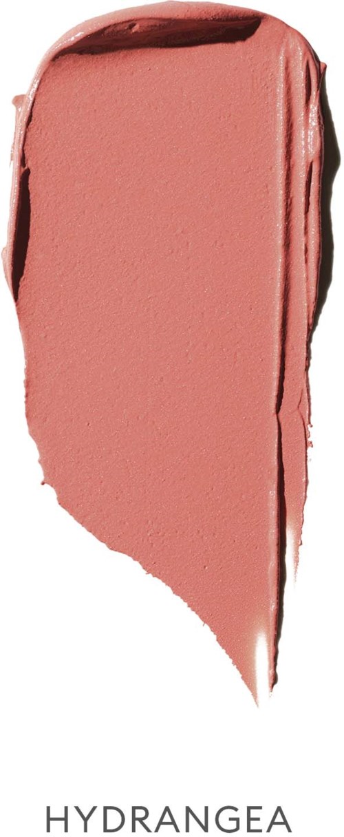 Ein Fleck von rosa Makeup oder Lippenstift mit dem Wort 'HYDRANGEA' darunter.